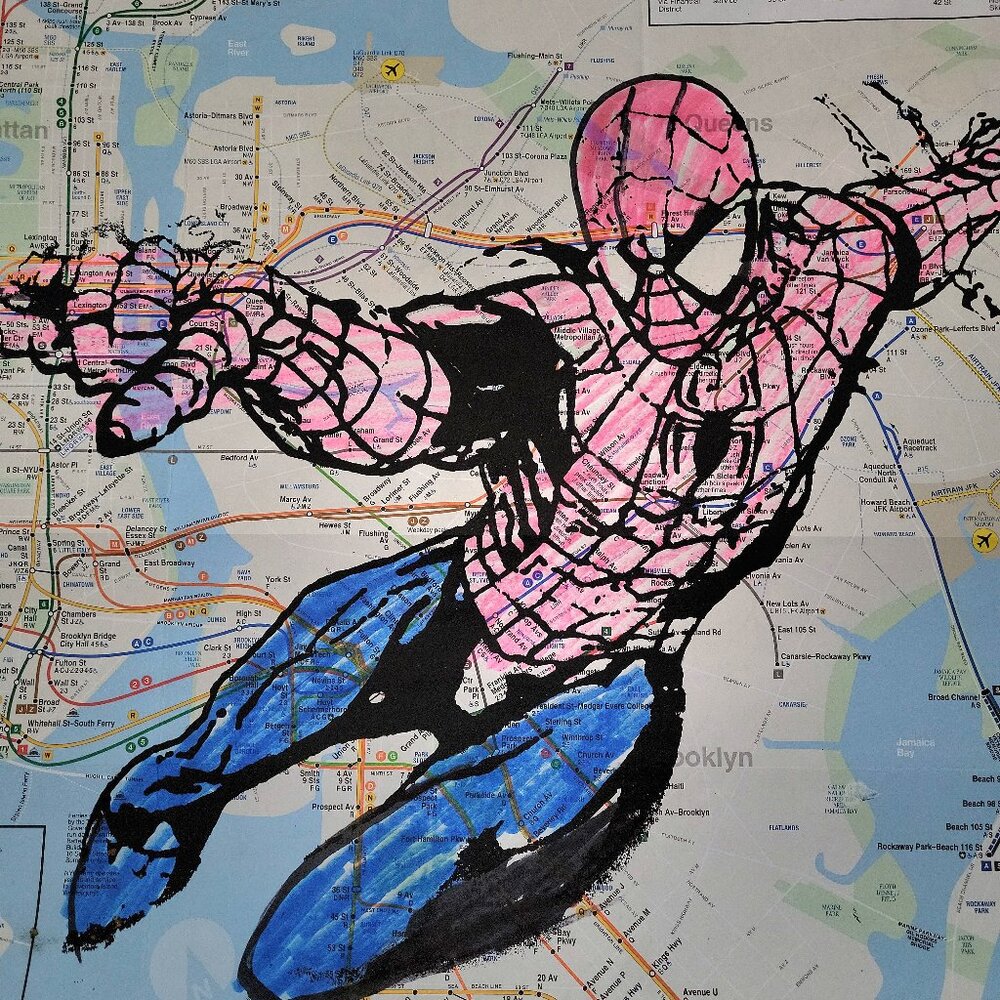 🗽Handpainted Spiderman Acrylic Pop Art Painting on NYC Subway map 🗽 - Picture 3 of 5